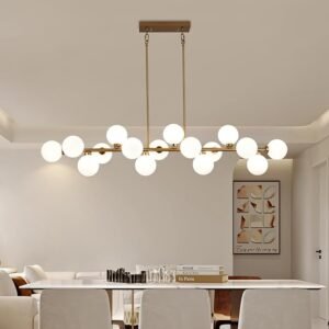 Gold Linear Chandelier, 16 Lights Modern Chandelir for Dining Room, Modern Large Pendant Lights Kitchen Island with White Glass Lampshade, Bubble Chandelier for Kitchen Over Table - Gold