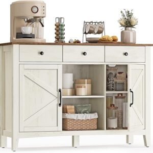 VASAGLE LIRY Collection - Buffet Cabinet, Coffee Bar Cabinet with 3 Drawers, Adjustable Shelves, Sideboard Storage with Cable Holes, Drawer Dividers, Rustic White and Honey Brown UBBK371W01V1