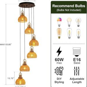 Modern Bohemian Woven Pendant Light, 6-Light Cluster Chandelier, Brass Finish, Geometric Dome Shade, Indoor Ceiling Fixture