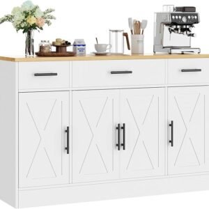Shintenchi 53.4" Sideboard Buffet Cabinet with Storage, Large Kitchen Buffet Storage Cabinet with 3 Drawers and 4 Doors, Wood Farmhouse Sideboard with Adjustable Shelf for Kitchen, Dining Room, White