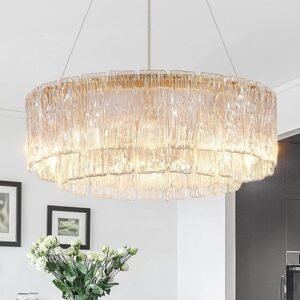 Gold Chandeliers 24”Modern Crystal Glass Round Chandelier 10-Light Drum Pendant Ceiling Light Fixtures Luxury 2 Tiers Hanging Chandelier for Dining Room Foyer Living Room Bedroom