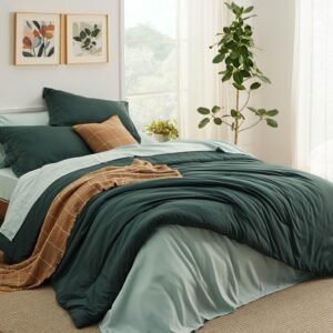 Bedsure Queen Comforter Set - 7 Pieces Forest Green Queen Bedding Set for All Seasons, Boho Contrasting Design Bed in a Bag with Comforter, Sheets, Pillowcases & Shams
