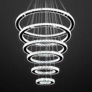 Siljoy Modern Crystal Chandelier Lighting, 6 Ring Chandelier LED Ceiling Lights Fixtures with 3-Color, High Ceiling Foyer Chandeliers for Living Room Dining Room Staircase, D8-12-16-20-24"-28"