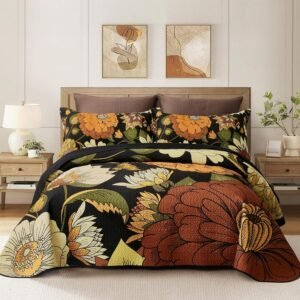 3 Piece Black Boho Floral Full/Queen Quilt Sets Reversible Farmhouse Botanical Lightweight Bedspread Coverlet with 2 Shams Mid Century Microfiber Bedding Quilts Set for All Season,90''x96''