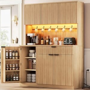 Fluted Kitchen Pantry Storage Cabinet with Charging Station/LED Light/Doors/Shelves, 71'' Tall Kitchen Food Hutch with Microwave Stand for Dining Room Living Room
